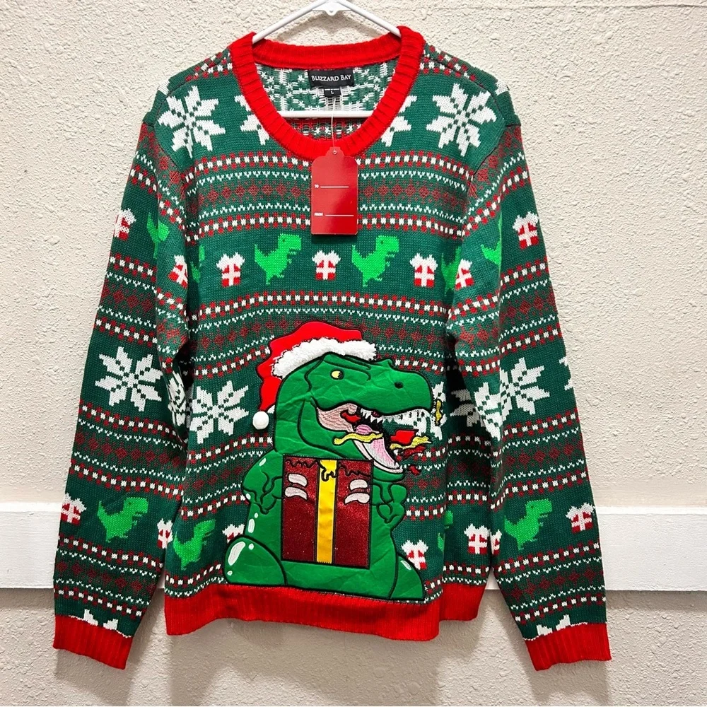 Blizzard Bay Mens Ugly Dinosaur Christmas Sweater NWT Large